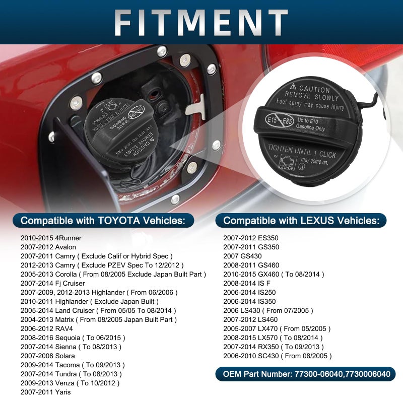 AUTOBABA غطاء خزان الوقود غطاء غاز متوافق مع Camry 4Runner Avalon Corolla Highlander Sienna Tacoma Tundra FJ Land Cruiser Matrix Rav4 Sequoia Yaris ES GS IS GX LX RX استبدال # 77300-06040 - Image 3